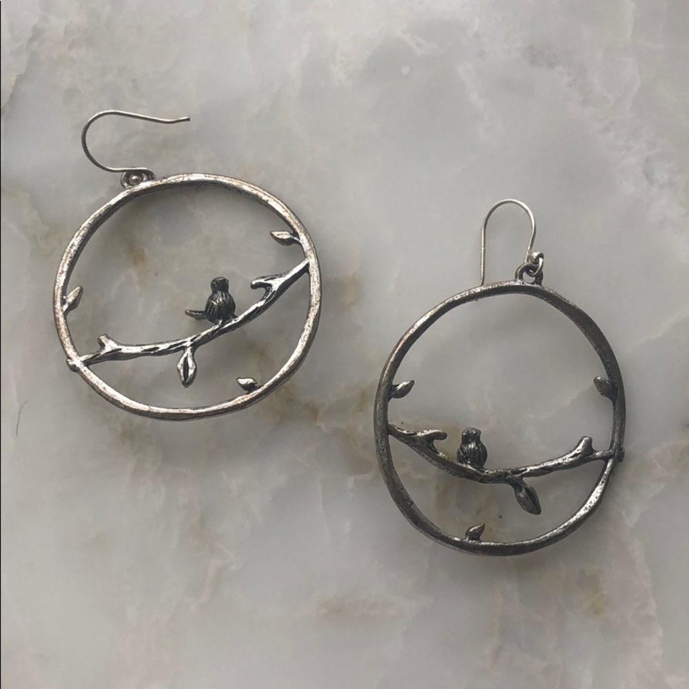 Silver Hoops with Birds and Branches